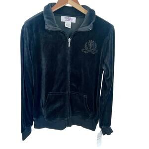 Black Velour Full Zip Crested Track Warmup Jacket Women’s Medium NWT 90s Y2K